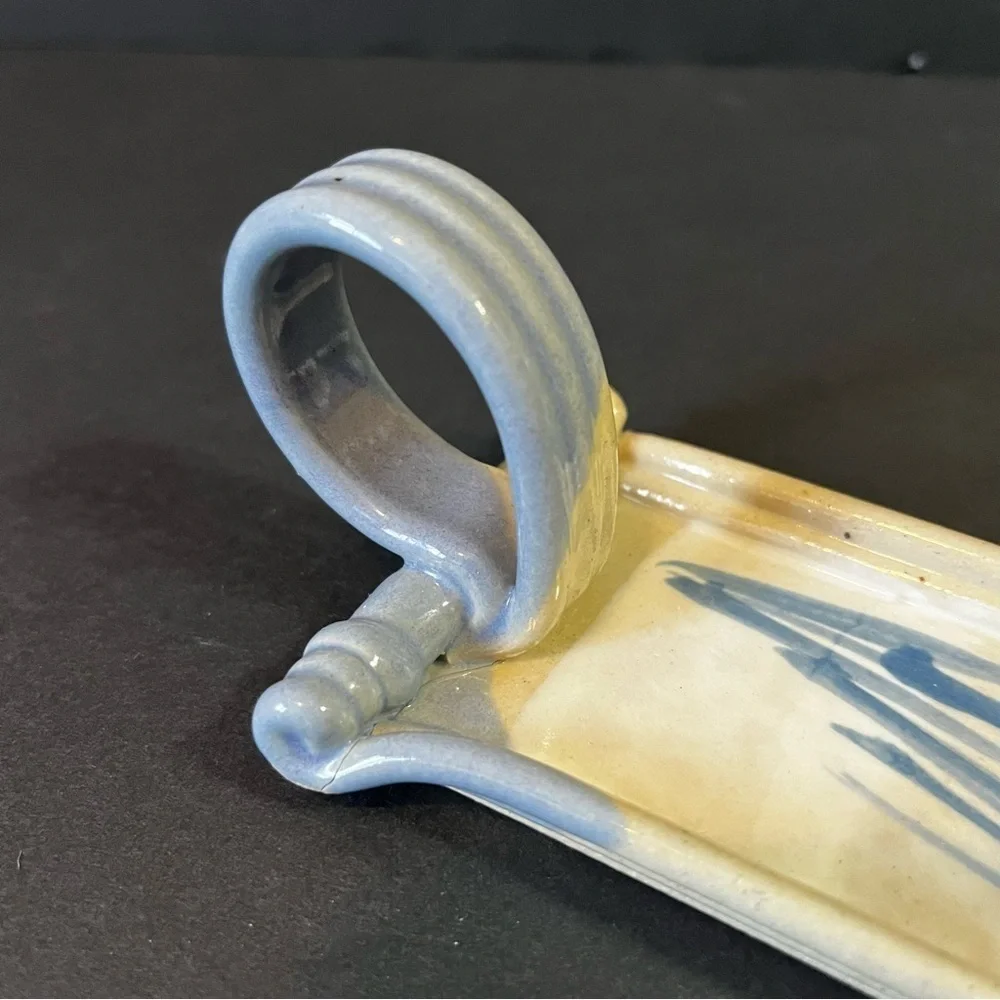 Art Pottery Butter Stick Dish Tray Handled Glazed Rolled Loop Incense Pottery